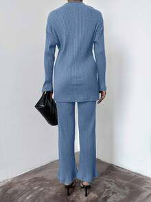 SHEIN Cottnline Women's Solid Rib Knit Two Piece Set - Royal Blue - View 6