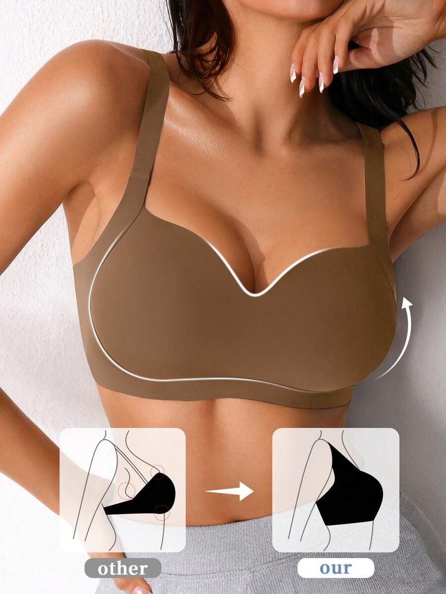 NudeFit 1件装女士无缝无钢圈文胸，舒适提拉聚拢，简约日常穿着 - 棕色 - 查看 1