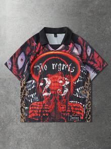 ROMWE MEN Anime Polo para hombre, camisa polo de manga corta con estampado gráfico casual deportivo de Sakura y texto en inglés - Negro - Ver 6