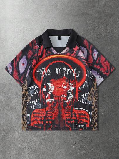 ROMWE MEN Anime 男士 Polo 衫，休闲运动樱花及英文文字印花短袖 Polo 衫