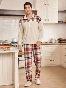 CoupledUp Contrast Plaid Flannel Casual Loose Men's Pajama Set - Apricot - View 5