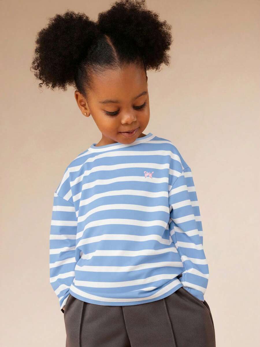 SUMWON Striped Long Sleeve Oversized T-Shirt For Girls Spring Summer Casual Daily Wear Vacation - Blue and White - View 1