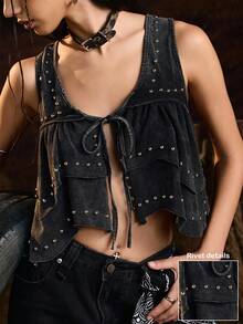 Easelle Camiseta de tirantes con decoración de cuentas y cordones, de moda para mujer, para el verano - Negro - Ver 1