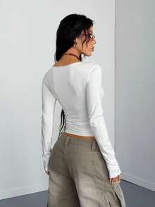 StreetHx Women's Fitted V-Neck Long Sleeve T-Shirt With Distressed Y2K Streetwear Punk Rock Numeric Print, Autumn/Winter - White - View 2