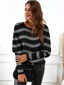EMERY ROSE 休闲复古优雅通勤百搭保暖黑灰闪光波浪条纹印花图案，适合秋冬季舒适宽松圆领长袖收腰女式T恤 - 彩色 - 查看 5