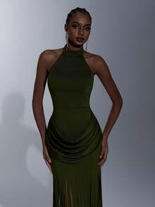 Elitara Elegant, Simple, And Stylish Military Green Stretch Knit Dress With Tassel Embellishments, Stand-Up Collar, Open Back, And Pleated Detailing At The Abdomen. Long Style, Suitable For Weddings, Formal Occasions, And Bridesmaid Dresses.,Wedding Party Dress - Army Green - View 2