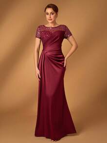 Serin Elegant Luxurious Beaded & Sequin Embellished Satin Ruched Mermaid Hem Skirt, Suitable For Weddings, Parties, Vacations, Galas, Evenings, Bridal & Mother Of The Bride Dresses - Burgundy - View 7