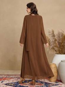 Al Najma Women's V-Neck Ruffle Scarf Decor Elegant Long Arabic Dress - Brown - View 2