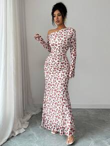 SHEIN Raffinéa 女士优雅玫瑰印花褶皱网纱花卉不对称领高开衩连衣裙，秋季服装 - 白色 - 查看 3