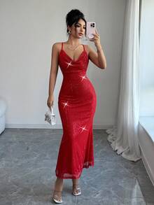 Rafferiza Vestido de tirantes con lentejuelas con espalda descubierta y silueta de sirena, elegante y sexy para fiestas - Rojo - Ver 1