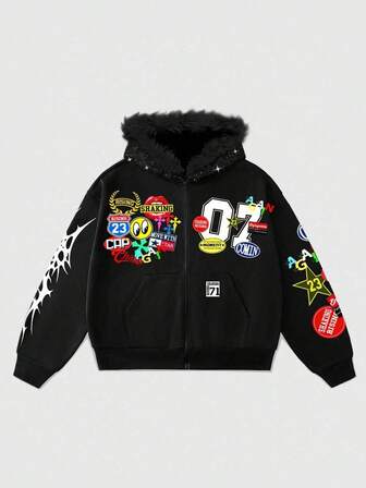 Prep Felpa ampia da uomo con colletto in pelliccia e paillettes, abbigliamento da strada, autunnale, top a maniche lunghe