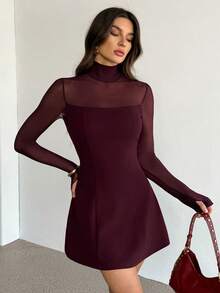 SHEIN Tall Vestido curto feminino elegante de gola alta, modelagem evasê, com cintura transparente e mangas compridas, na cor bordô, perfeito para o outono/inverno. Ideal para festas, encontros, eventos românticos, saídas à noite e até mesmo para convidadas de casamento. - Borgonha - Ver 3