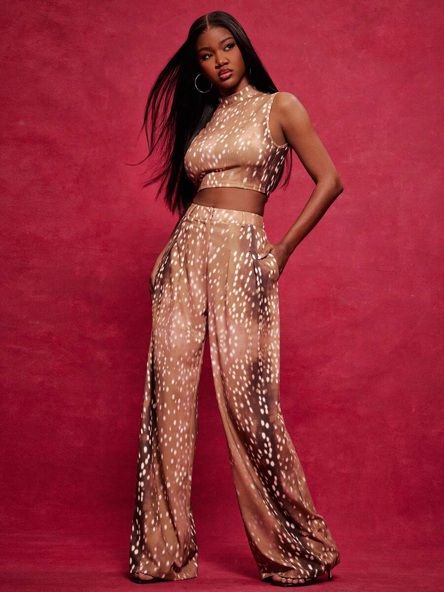 NYA SZN 高腰修身宽松阔腿裤，仿鹿皮假日伊比沙岛酷女孩 Y2K 复古商务休闲办公室教师返校秋冬装女士 - 彩色 - 查看 1