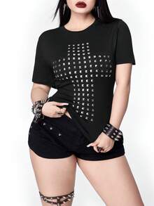 Whyspr Y2K朋克哥特性感十字架图案水钻装饰圆领女款T恤 - 黑色 - 查看 5