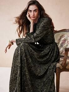 Revavyn 女士复古印花系带收腰修身优雅长袖连衣裙，秋季女装，秋季穿搭，优雅连衣裙 - 彩色 - 查看 1