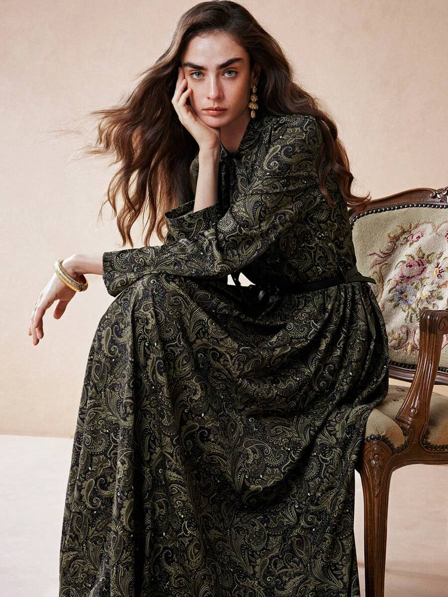 Revavyn 女士复古印花系带收腰修身优雅长袖连衣裙，秋季女装，秋季穿搭，优雅连衣裙 - 彩色 - 查看 1