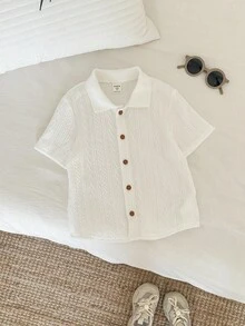 SHEIN Young Boy Casual Versatile Pure White Collar Short Sleeve Knit Shirt, Suitable For Spring/Summer, Daily Outings, Back To School, Vacation