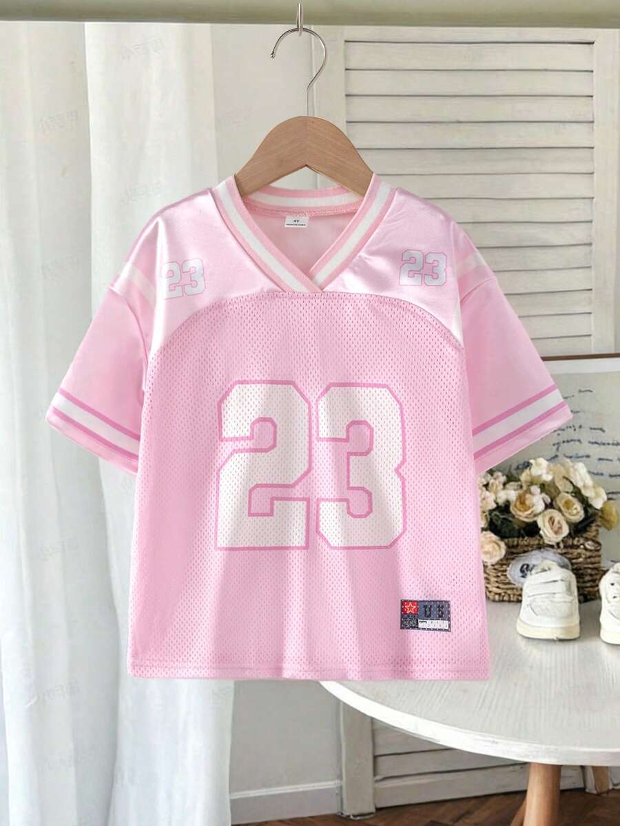 SHEIN Genkimix Kids 女童寬鬆美式運動休閒V領數字圖案球衣T恤,粉色夏季返校 - 粉色 - 查看 1