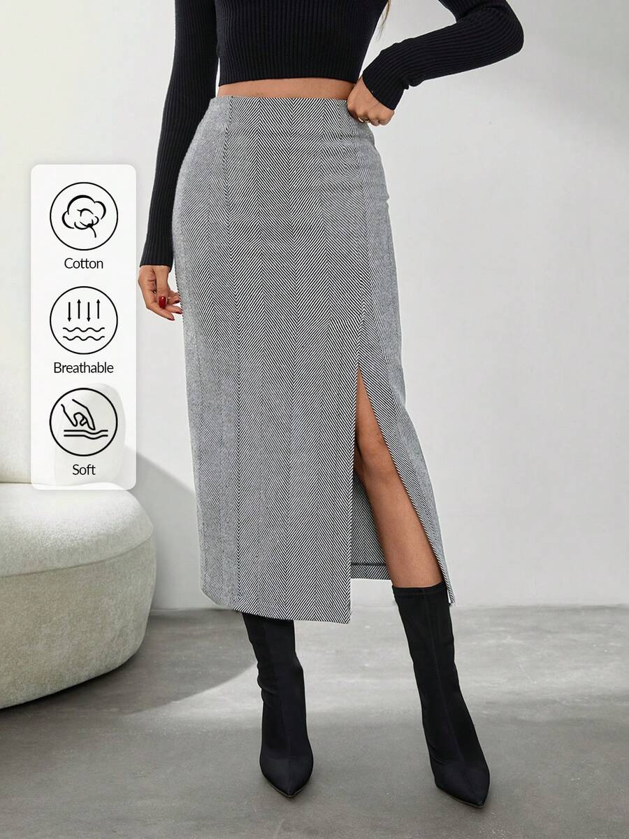 EURMUSE Casual Herringbone Pattern Split Hem Skirt For Autumn/Winter - Grey - View 1