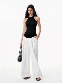 LYSMO 女士黑色罗纹弧形下摆吊带背心，休闲日常穿着 - 黑色 - 查看 4