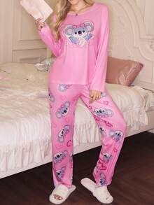 SweetSlumber 女士可爱甜美蝴蝶结、考拉、爱心印花圆领长袖舒适睡衣套装 - 彩色 - 查看 4