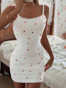 SHEIN Romantic Floral Knit Jacquard Heart Print Delicate Lace Bow Strap Women Nightgown - White - View 7