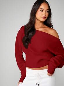 MISSGUIDED Off Shoulder Knit Sweater Long Sleeve Oversized Pullover Fall Winter Casual Top - Burgundy - View 6