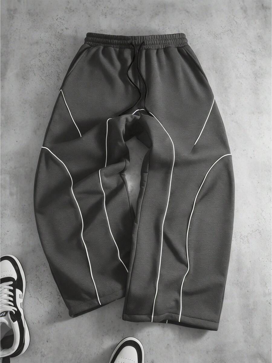 PAVTROS Men's Casual Contrast Trim Drawstring Waist Sweatpants - Dark Grey - View 1