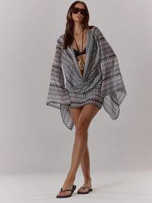 MUSERA 极致垂褶前襟长袖纹理图案钩编条纹迷你连衣裙 波西米亚风 节日 假日 海滩装 夏季度假 可爱 优雅 伊比沙岛 - 彩色 - 查看 1