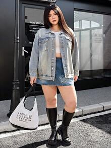 SHEIN ICON Váy ngắn denim dáng rộng thời trang mùa hè cỡ lớn, phối họa tiết ngôi sao, túi lệch vai. - Màu xanh bụi bặm - Xem 4