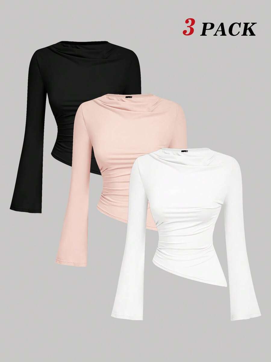 SHEIN MOD 3 قطع/مجموعة تي شيرت بياقة طاقم وأكمام ناسفة وخصر مجمع وهيم غير متماثل بلون المشمش متعدد الاستخدامات - وردي فاتح - مشاهدة 1