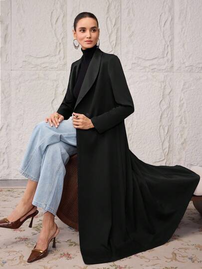 Al Najma Abaya de mujer con cuello de chal minimalista y conservador, decorada con cristales y flores, en color negro sólido