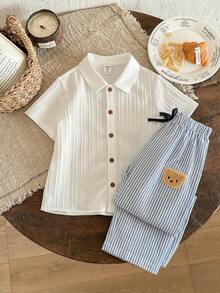 SHEIN LMoss Kids 两件套男童纯色梭织休闲衬衫和条纹休闲裤套装 - 彩色 - 查看 3