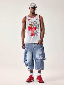 TOM & JERRY X SHEIN Men's Cartoon Pattern Contrast Trim Crew Neck Tank Top