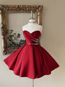 Lovelzi Elegant Blue Strapless Sweetheart Neckline Ruched Front Luxurious Rhinestone Embellished A-Line Peplum Hem Adjustable Tie Back Formal Gown - Burgundy - View 1