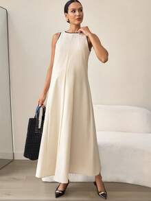 MaterniWear Đầm bầu không tay phối màu tương phản, kiểu dáng thường ngày - Màu be - Xem 5