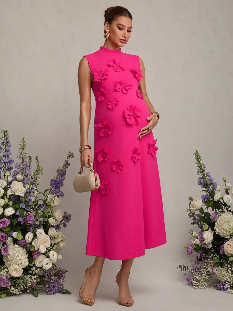 MaterniChic Đầm bầu thanh lịch với màu trơn tối giản, cổ đứng và họa tiết hoa 3D, thích hợp cho kỳ nghỉ. - Màu Hồng Tươi - Xem 1