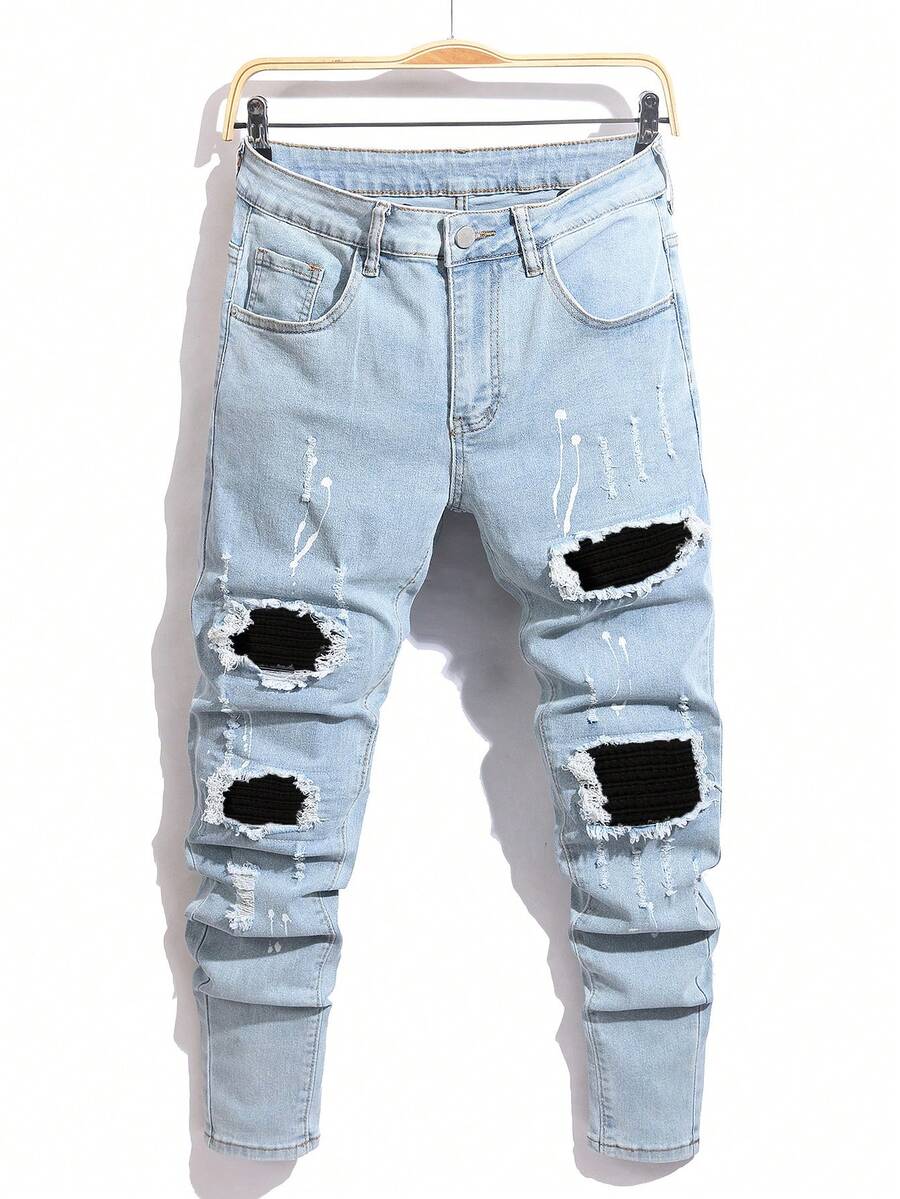 Manfinity Homme Men's Slim Fit Ripped Pocket Casual Denim Jeans Men Ripped Jeansstreetwear Jeans Men Ripped Denim Jeans - Light Wash - View 1