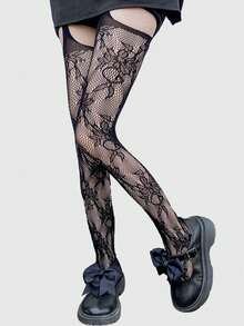 ROMWE Avant 1双性感花卉蕾丝渔网袜，复古情趣粉色不透明连裤袜，轻薄弹力透明丝袜 - 吊帶黑色 - 查看 2
