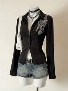 Jeanoix Sexy Embroidered Vintage Front Button Fashionable Versatile Long Sleeve Shirt - Black - View 5