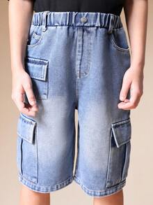 SUMWON Boys Denim Cargo Bermuda Jorts With Multiple Cargo Pockets Mid Wash Summer Casual Knee Length Shorts - Medium Wash - View 6