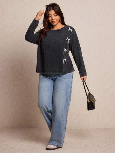 Elaquor 大码休闲水洗蝴蝶结装饰T恤，秋季