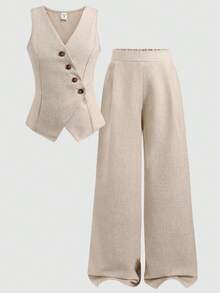 SHEIN Tween Girl Casual Elegant Commute Street Fashion Solid Color Cross Collar Oblique Placket Button Sleeveless Vest Top With Straight Leg Pants Set, Back To School, Daily Wear