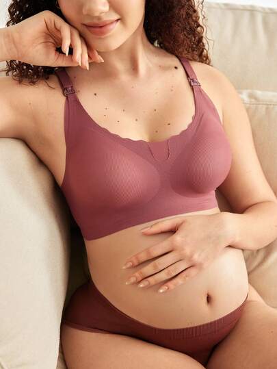 BloomMama 1件装 女士纯色罗纹休闲简约舒适哺乳文胸，带荷叶边领