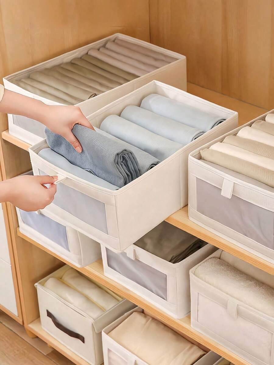 Breathable Linen Storage Box See Through Window Design Foldable Closet Organizer Home Decluttering Essential Two Pack Set Space Saver - Beige - View 1