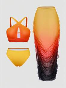 Slaydiva 加大码渐变色镂空领两件套比基尼和高腰短裙套装 - 彩色 - 查看 1