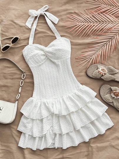 Teen Girls Dresses Vacation Mini Dress With Elastic Ruched Bust, Tie Neck, Bowknot, And Tiered Ruched, Can Wear Inner Or Outer,Summer Dresses ,Solid White Dress