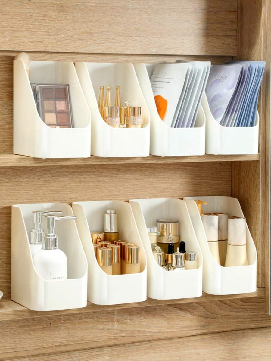 Caja de almacenamiento de plástico con abertura en ángulo, organizador de maquillaje y cosméticos con cajones, gabinete de espejo de tocador de baño, organizador de escritorio transparente para artículos de tocador, cuidado de la piel, máscaras, organizador de espacio para el hogar, la oficina y el baño - Blanco - Ver 1