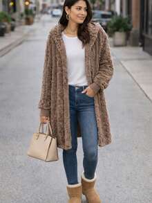 Abrigo Ligero Delgado Calentito De Peluche con Puño, de uso diario, informal otoño invierno, casual con capucha - Cafe - Ver 2