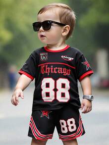 2pcs/Set Young Boy Casual Baseball Sports Style,Number 88,Gothic Chicago Text,Star Graphic Print Short Sleeve T-Shirt And Shorts Set,Summer Clothes - Multicolor - View 9